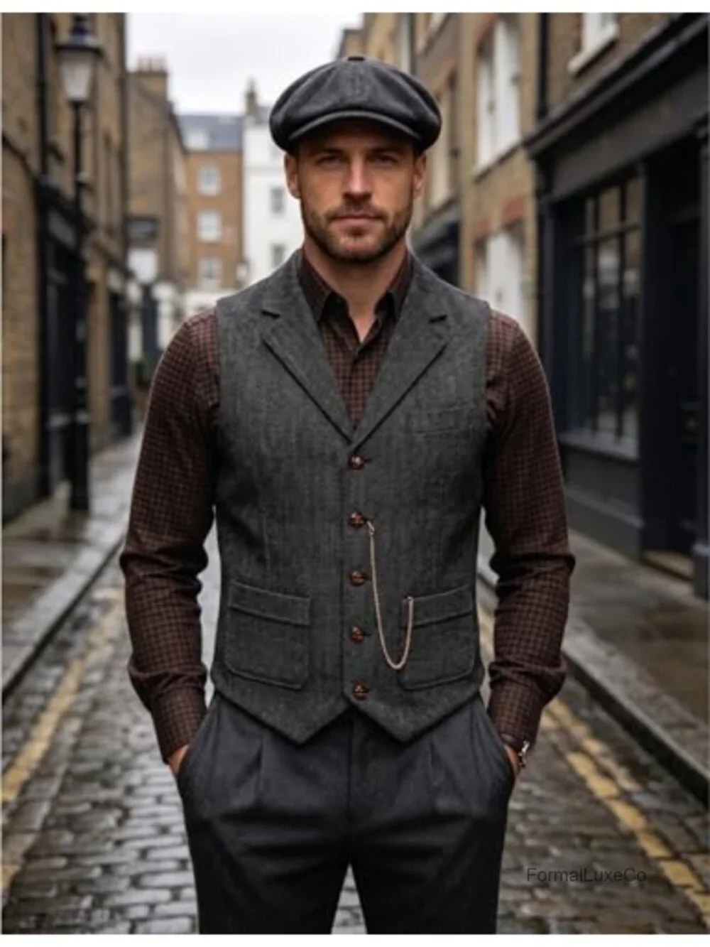 Mens Herringbone Vest Formal Waistcoat Slim Fit Wedding Party